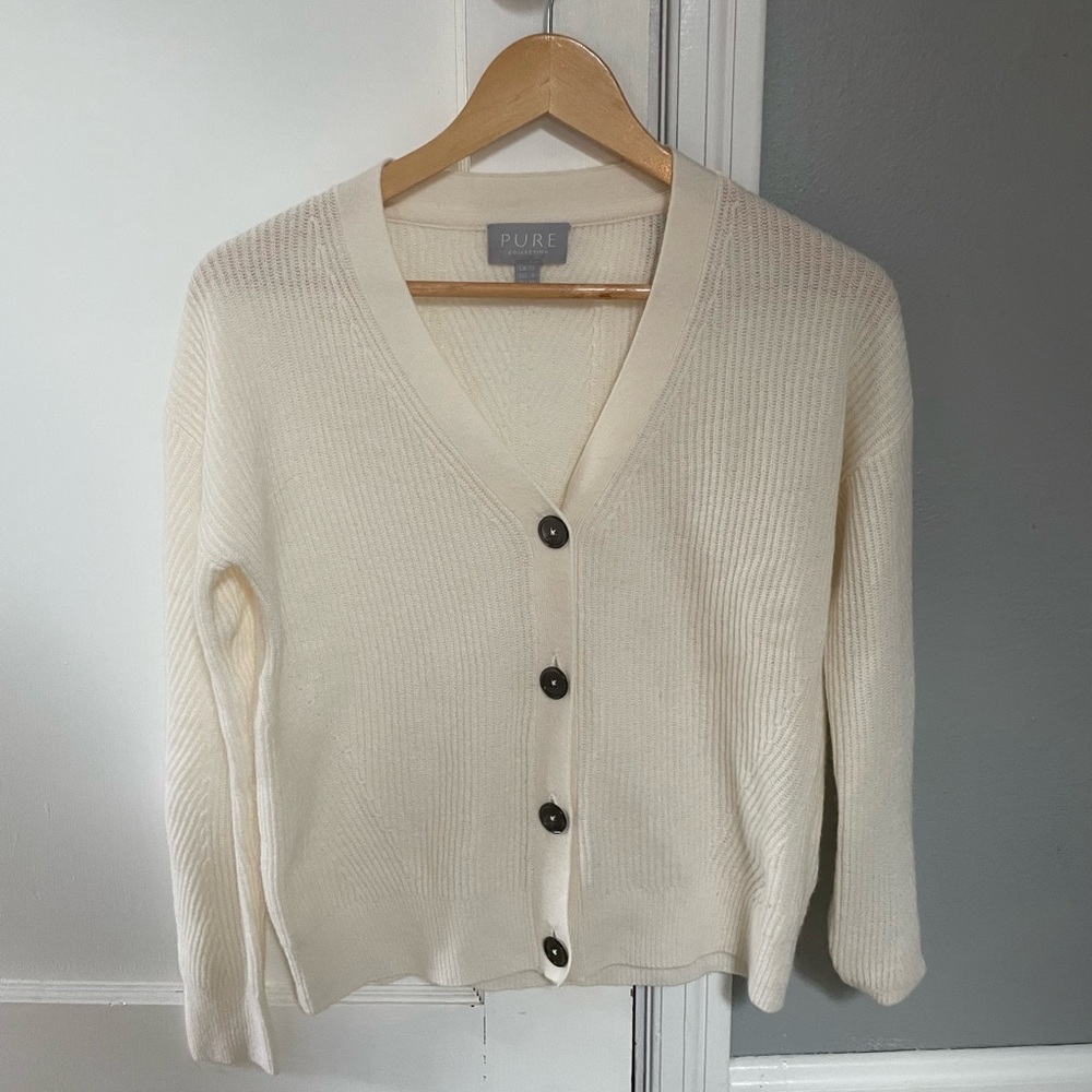PURE Collection Wool Cashmere Blend V-Neck Cardigan Ivory Size 6